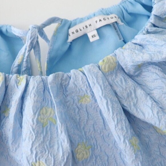 English Factory Women's XS Blue Empire Waist Top Jacquard Floral Puff Sleeves - Picture 4 of 8